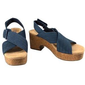 Clarks Nerisa West Navy Nubuck Cork Wedge Sandals Comfort Slingback 7